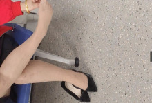 The middle-age lady sit down remove heels  relax her sexy tired feet