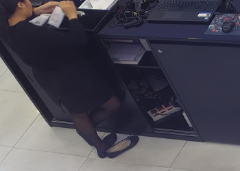 The jewelry store hostess in black nylon show us her cute feet! 290