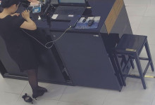 The jewelry store hostess in black nylon show us her cute feet! 145