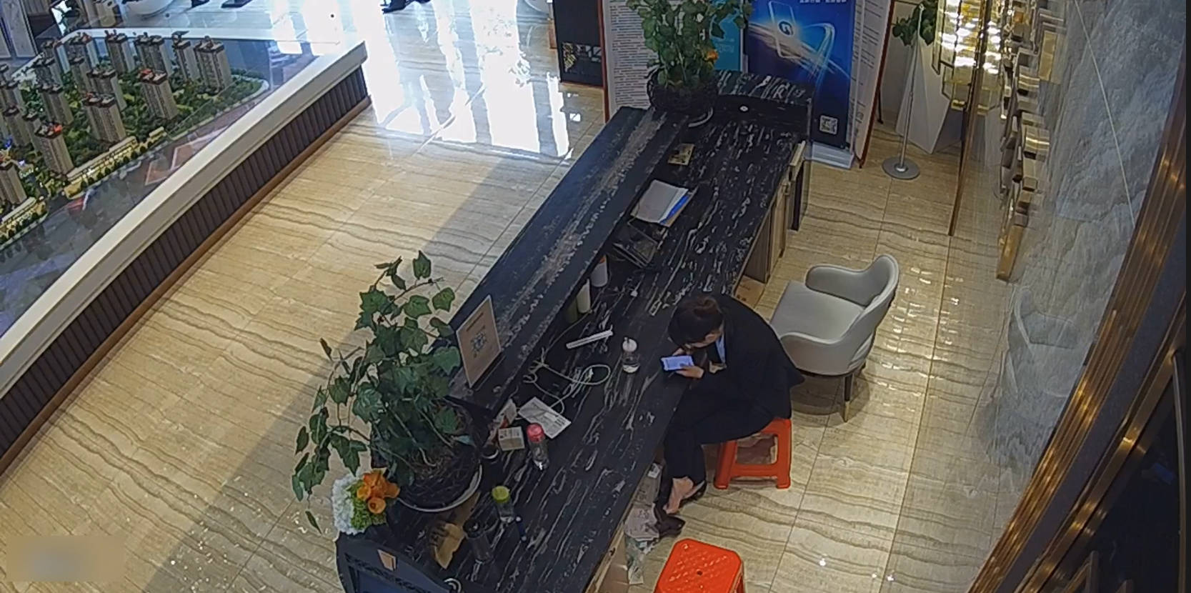 Hotel front desk clerk great dangling and shoeplay