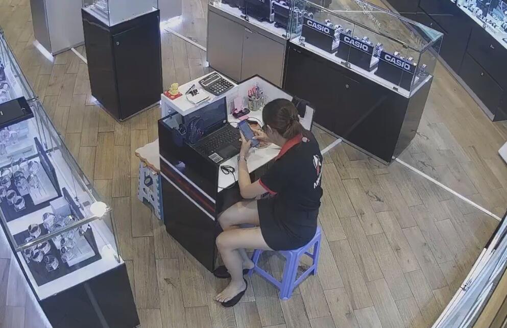 The watch store hostess sit down remove heels show us her sexy feet