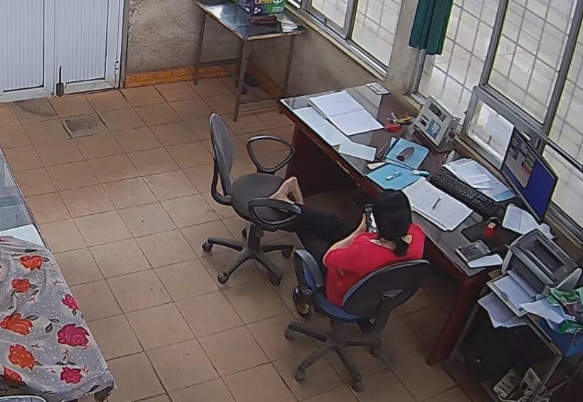 The office lady in blue uniform great dangling shoeplay in office 5