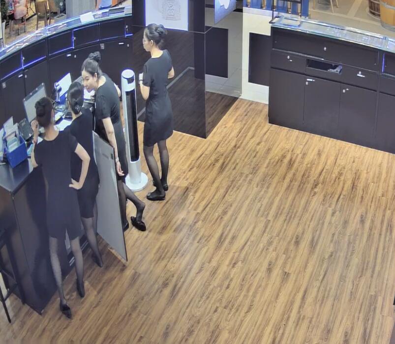 The jewelry store hostess in black nylon show us her cute feet! 277